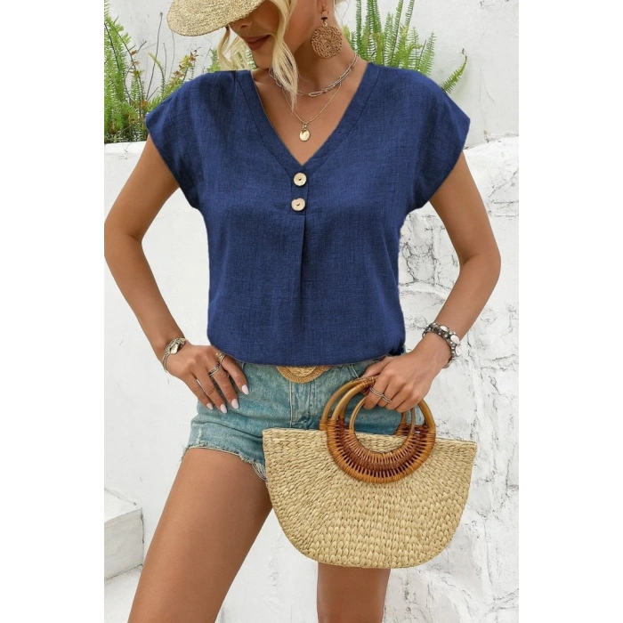 MDB Kadın Kısa Kollu V Yakalı Düğmeli Keten Bluz