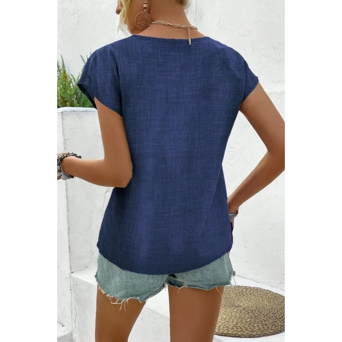 MDB Kadın Kısa Kollu V Yakalı Düğmeli Keten Bluz