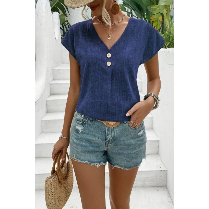 MDB Kadın Kısa Kollu V Yakalı Düğmeli Keten Bluz