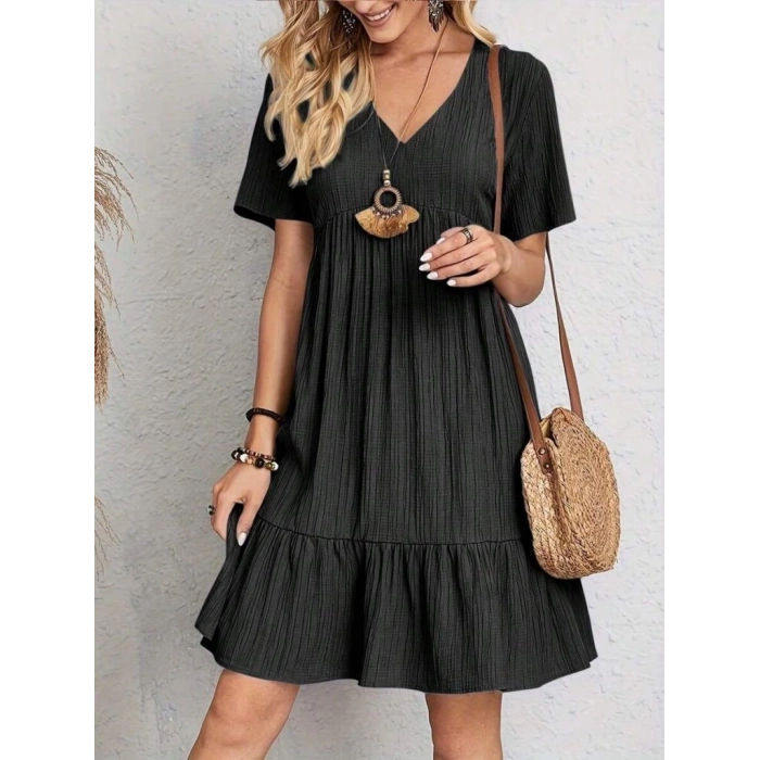 MDB Kadın Kısa Kollu V Yakalı Fırfırlı Bürümcük Elbise