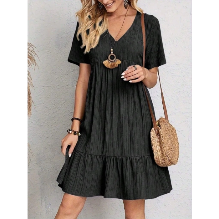 MDB Kadın Kısa Kollu V Yakalı Fırfırlı Bürümcük Elbise