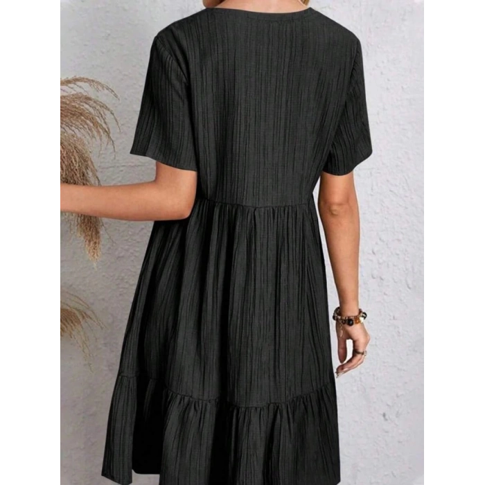 MDB Kadın Kısa Kollu V Yakalı Fırfırlı Bürümcük Elbise