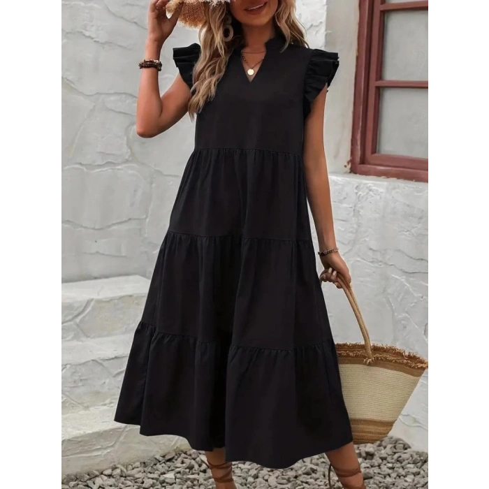 MDB Kadın Kısa Kollu V Yakalı Geniş Kesim Uzun Trikoton Elbise