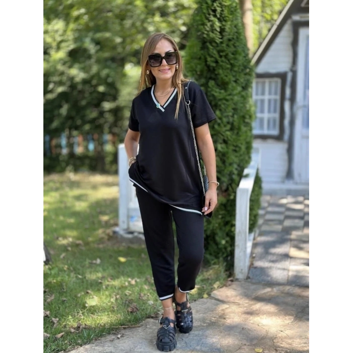 MDB Kadın Kısa Kollu V Yakalı Iki Iplik Bluz Ve Pantolon Ikili Takım