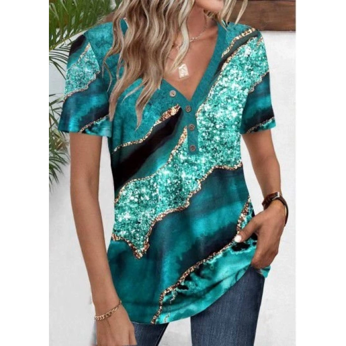 MDB Kadın Kısa Kollu V Yakalı önden Düğmeli Baskılı Süprem Bluz