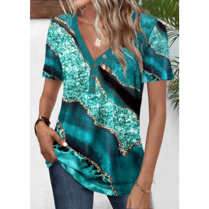 MDB Kadın Kısa Kollu V Yakalı önden Düğmeli Baskılı Süprem Bluz