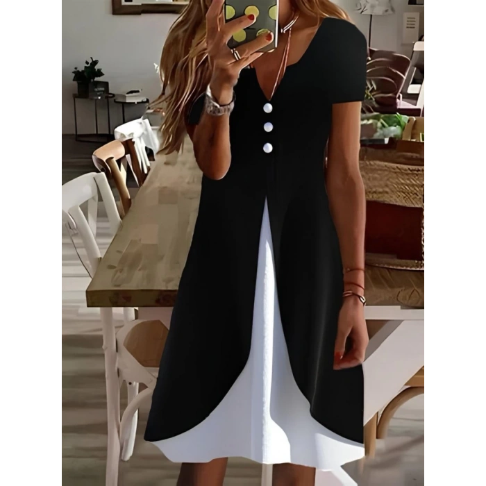 MDB Kadın Kısa Kollu V Yakalı önden Düğmeli çift Renkli Viskon Elbise