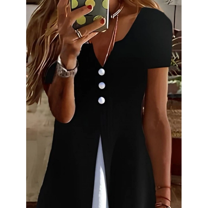 MDB Kadın Kısa Kollu V Yakalı önden Düğmeli çift Renkli Viskon Elbise