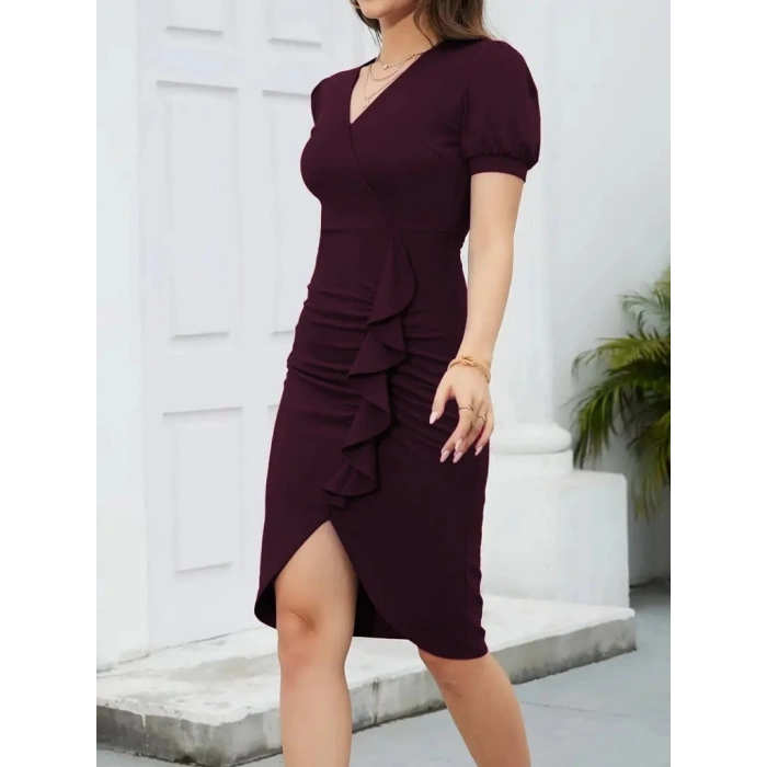 MDB Kadın Kısa Kollu V Yakalı önden Fırfırlı Ithal Krep Elbise