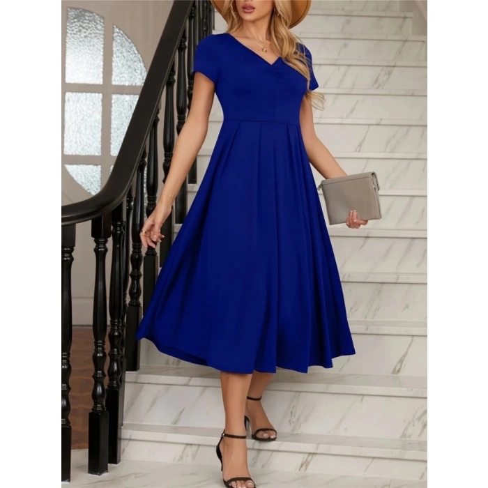 MDB Kadın Kısa Kollu V Yakalı önden Pileli Midi Janjan Krep Elbise