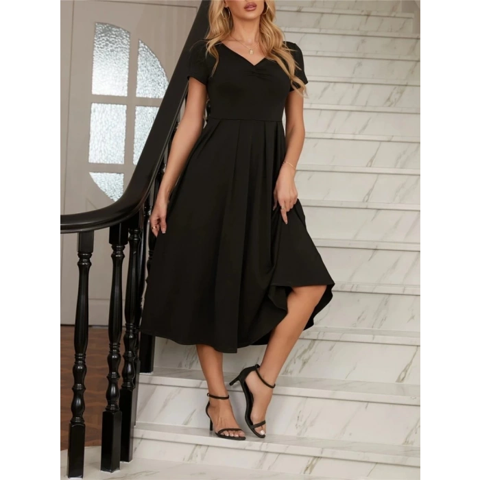 MDB Kadın Kısa Kollu V Yakalı önden Pileli Midi Janjan Krep Elbise