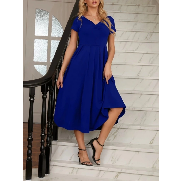 MDB Kadın Kısa Kollu V Yakalı önden Pileli Midi Janjan Krep Elbise