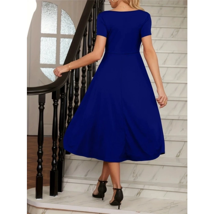 MDB Kadın Kısa Kollu V Yakalı önden Pileli Midi Janjan Krep Elbise