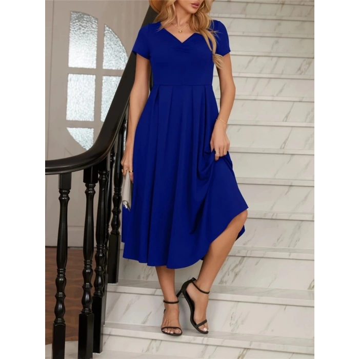 MDB Kadın Kısa Kollu V Yakalı önden Pileli Midi Janjan Krep Elbise