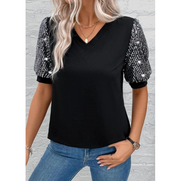 MDB Kadın Kısa Kollu V Yakalı Pul Payet Detaylı Viskon Bluz