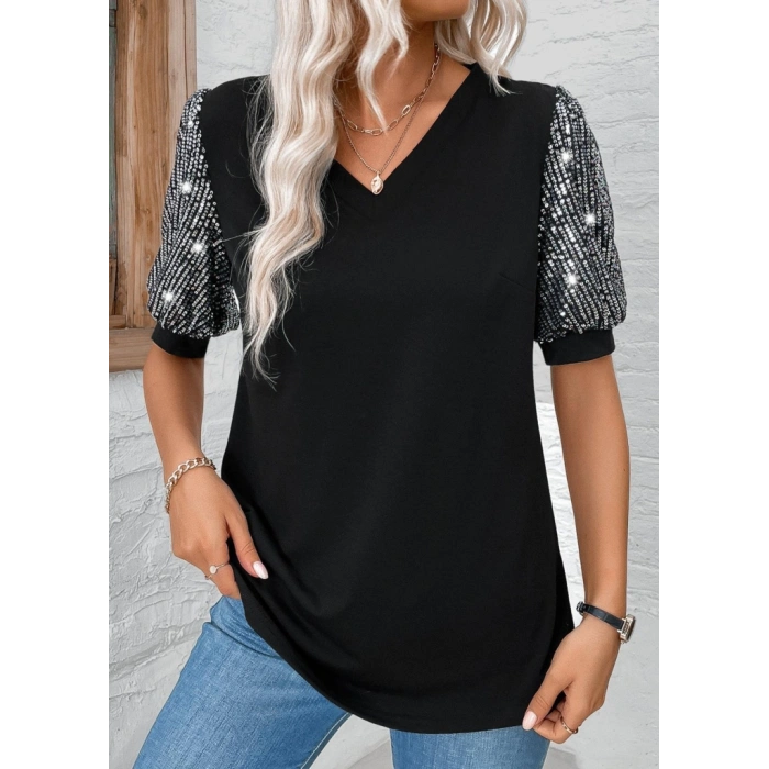 MDB Kadın Kısa Kollu V Yakalı Pul Payet Detaylı Viskon Bluz