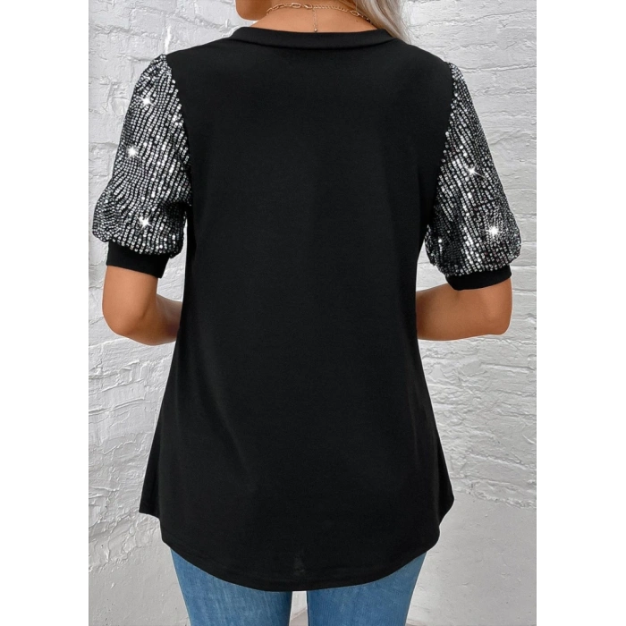 MDB Kadın Kısa Kollu V Yakalı Pul Payet Detaylı Viskon Bluz