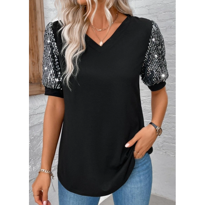 MDB Kadın Kısa Kollu V Yakalı Pul Payet Detaylı Viskon Bluz