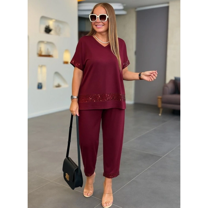MDB Kadın Kısa Kollu V Yakalı Pul Payetli Viskon Iki Iplik Bluz Ve Pantolon Ikili Takım
