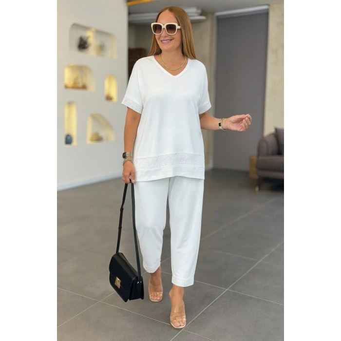 MDB Kadın Kısa Kollu V Yakalı Pul Payetli Viskon Iki Iplik Bluz Ve Pantolon Ikili Takım