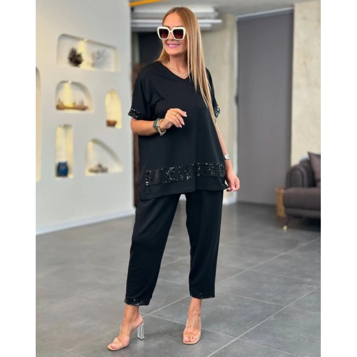 MDB Kadın Kısa Kollu V Yakalı Pul Payetli Viskon Iki Iplik Bluz Ve Pantolon Ikili Takım