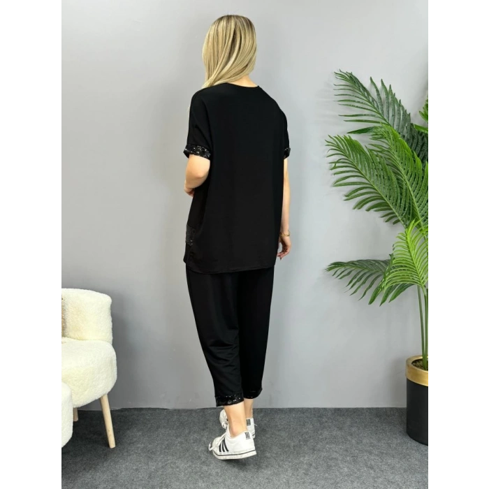 MDB Kadın Kısa Kollu V Yakalı Pul Payetli Viskon Iki Iplik Bluz Ve Pantolon Ikili Takım