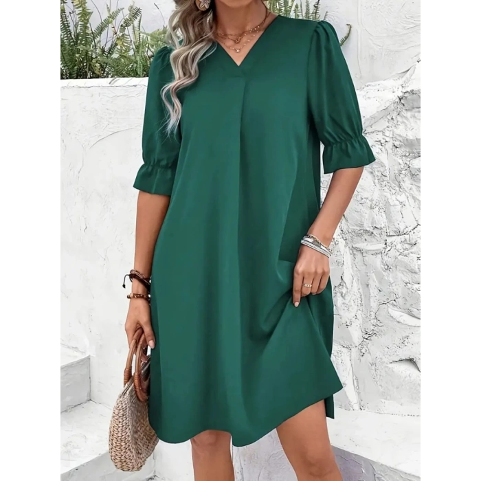 MDB Kadın Kısa Kollu V Yakalı Salaş Janjan Krep Elbise