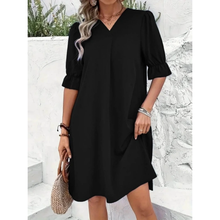 MDB Kadın Kısa Kollu V Yakalı Salaş Janjan Krep Elbise