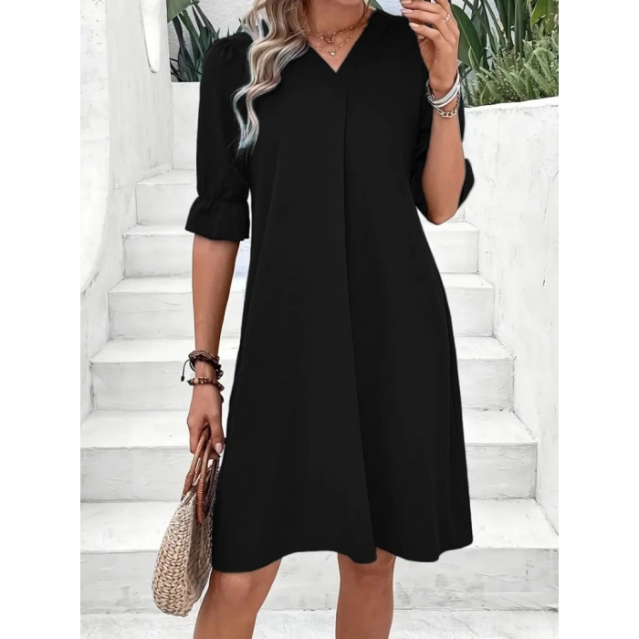 MDB Kadın Kısa Kollu V Yakalı Salaş Janjan Krep Elbise