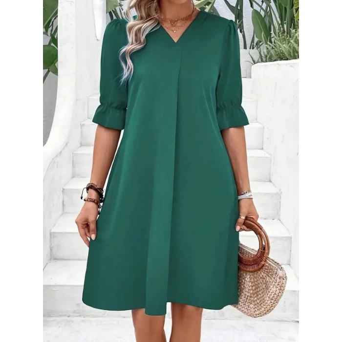 MDB Kadın Kısa Kollu V Yakalı Salaş Janjan Krep Elbise