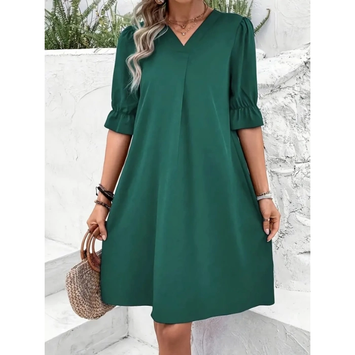 MDB Kadın Kısa Kollu V Yakalı Salaş Janjan Krep Elbise