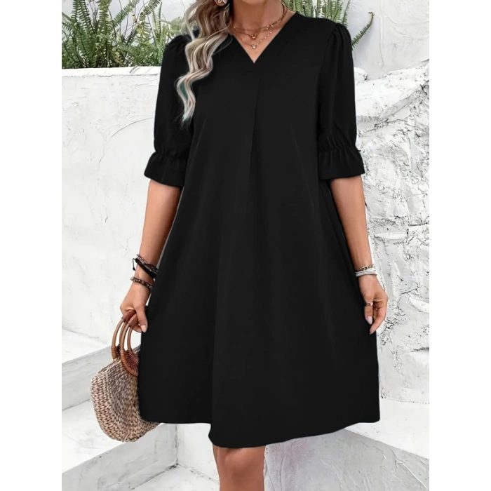 MDB Kadın Kısa Kollu V Yakalı Salaş Janjan Krep Elbise