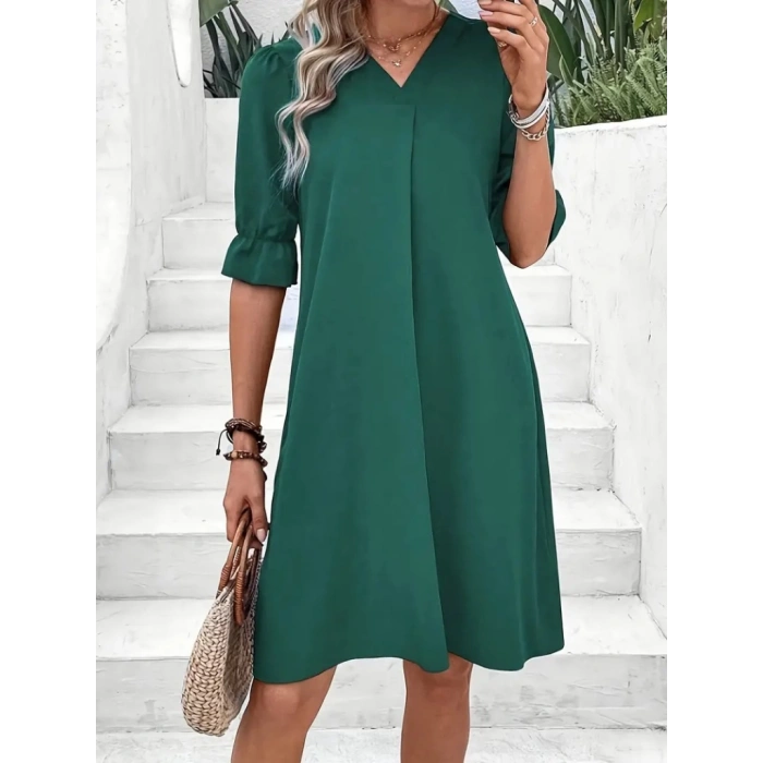 MDB Kadın Kısa Kollu V Yakalı Salaş Janjan Krep Elbise