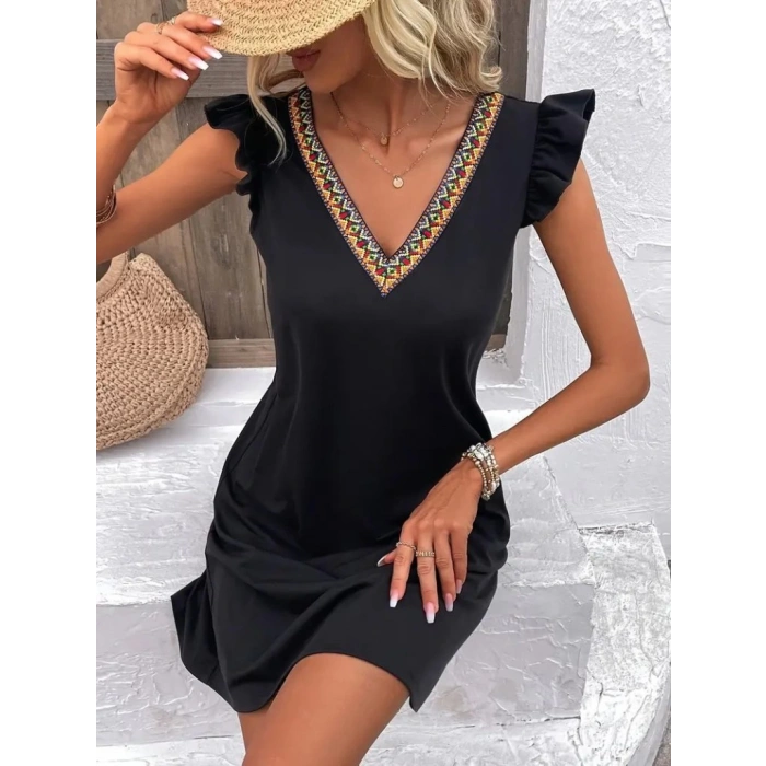 MDB Kadın Kısa Kollu V Yakalı Viskon Elbise