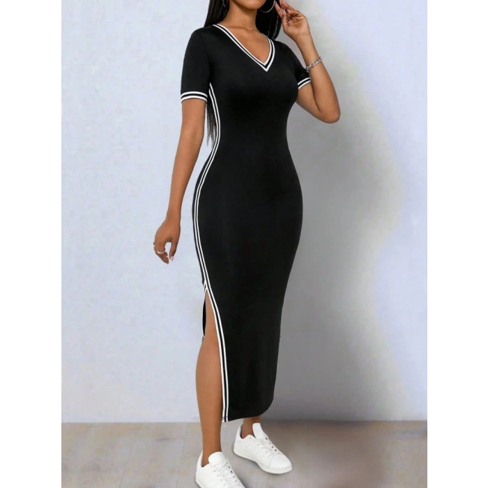 MDB Kadın Kısa Kollu V Yakalı Yandan Yırtmaçlı Viskon Iki Iplik Elbise