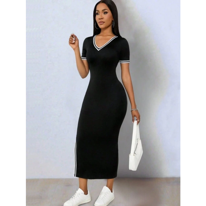 MDB Kadın Kısa Kollu V Yakalı Yandan Yırtmaçlı Viskon Iki Iplik Elbise