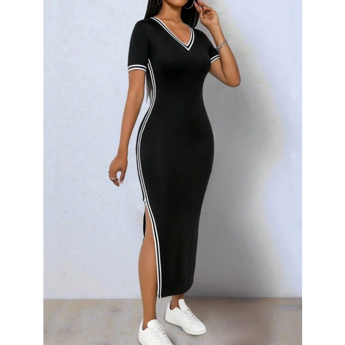 MDB Kadın Kısa Kollu V Yakalı Yandan Yırtmaçlı Viskon Iki Iplik Elbise