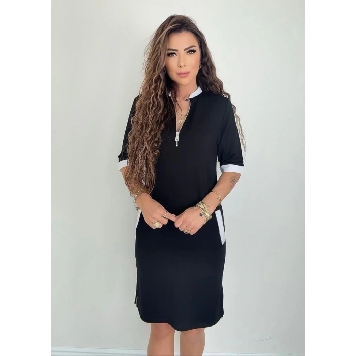 MDB Kadın Kısa Kollu Yakadan Fermuarlı Cepli Yandan Yırtmaçlı Viskon Elbise