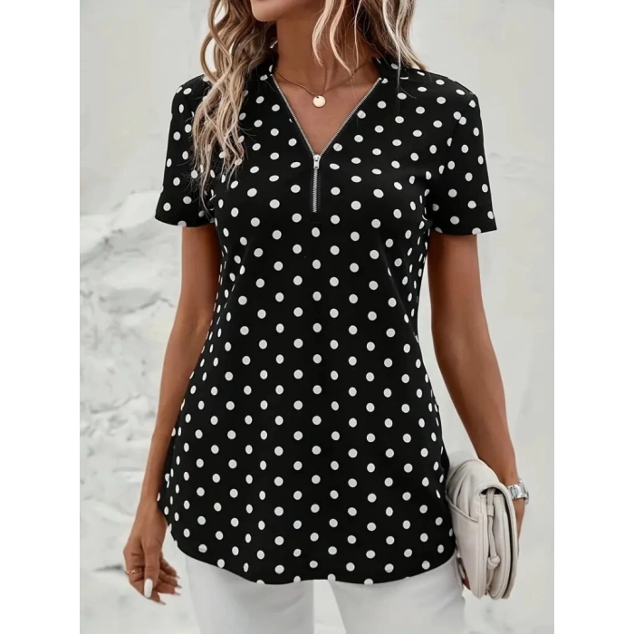 MDB Kadın Kısa Kollu Yakadan Fermuarlı Puantiyeli Uzun Dokuma Viskon Bluz