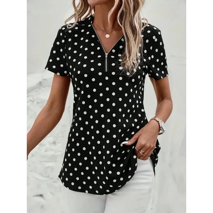 MDB Kadın Kısa Kollu Yakadan Fermuarlı Puantiyeli Uzun Dokuma Viskon Bluz