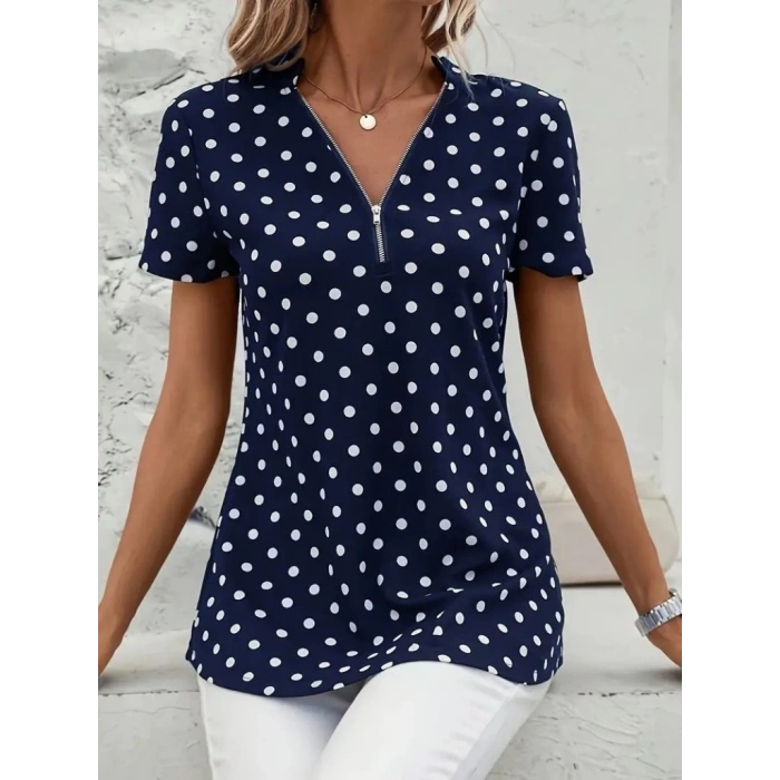 MDB Kadın Kısa Kollu Yakadan Fermuarlı Puantiyeli Uzun Dokuma Viskon Bluz