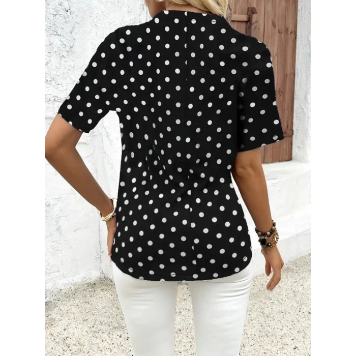 MDB Kadın Kısa Kollu Yakadan Fermuarlı Puantiyeli Uzun Dokuma Viskon Bluz