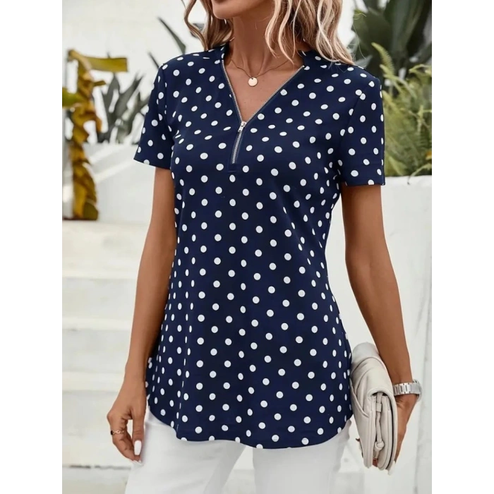 MDB Kadın Kısa Kollu Yakadan Fermuarlı Puantiyeli Uzun Dokuma Viskon Bluz