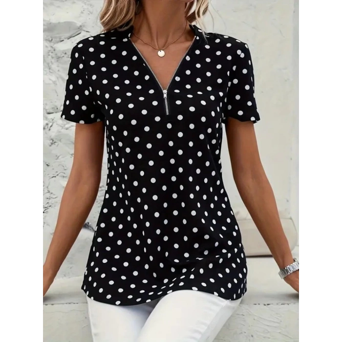 MDB Kadın Kısa Kollu Yakadan Fermuarlı Puantiyeli Uzun Dokuma Viskon Bluz