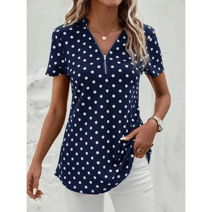 MDB Kadın Kısa Kollu Yakadan Fermuarlı Puantiyeli Uzun Dokuma Viskon Bluz