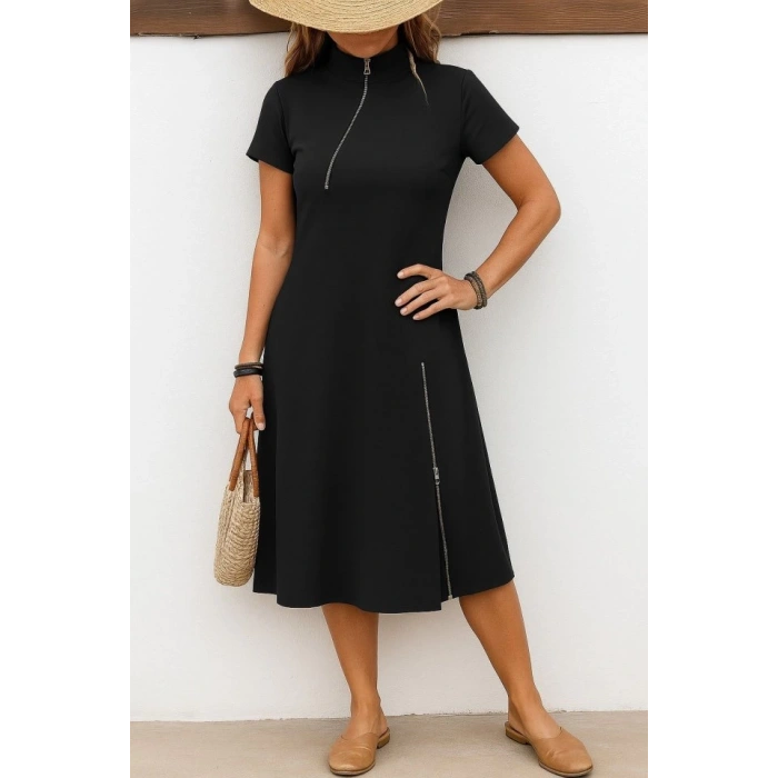 MDB Kadın Kısa Kollu Yakadan Ve Etekten Fermuarlı Midi Viskon Iki Iplik Elbise