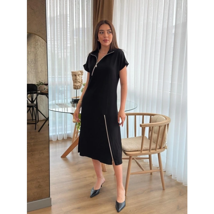 MDB Kadın Kısa Kollu Yakadan Ve Etekten Fermuarlı Midi Viskon Iki Iplik Elbise