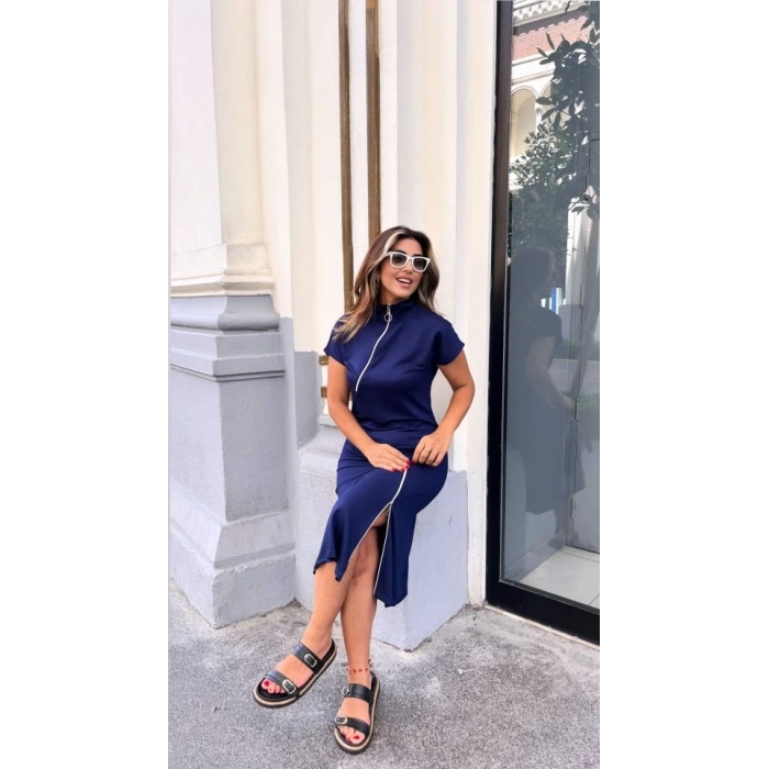 MDB Kadın Kısa Kollu Yakadan Ve Etekten Fermuarlı Midi Viskon Iki Iplik Elbise