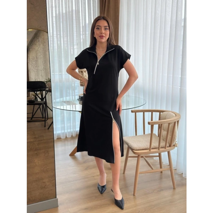 MDB Kadın Kısa Kollu Yakadan Ve Etekten Fermuarlı Midi Viskon Iki Iplik Elbise