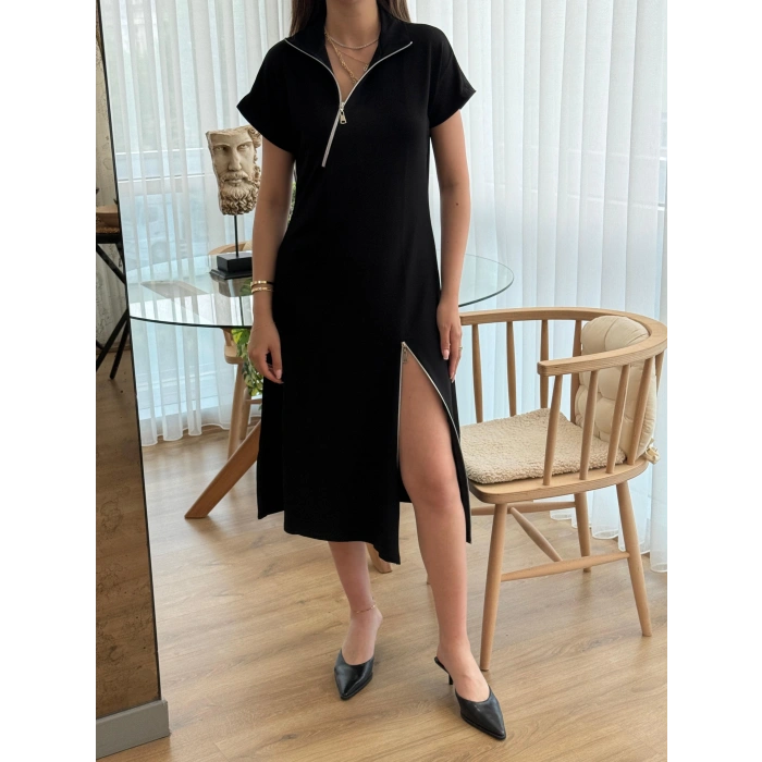 MDB Kadın Kısa Kollu Yakadan Ve Etekten Fermuarlı Midi Viskon Iki Iplik Elbise